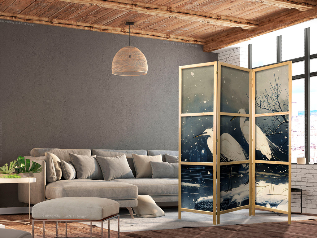 Herons Winter Pond Dark 3-Panel Japanese Room Divider