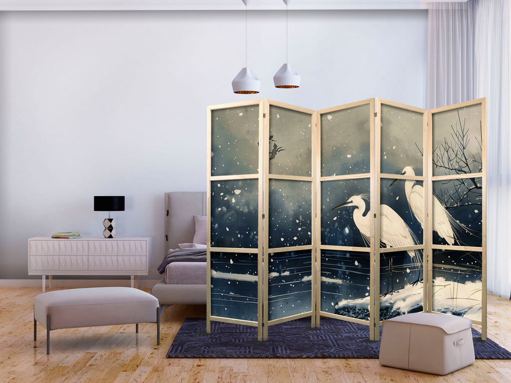 Herons Winter Pond 5-Panel Japanese Room Divider