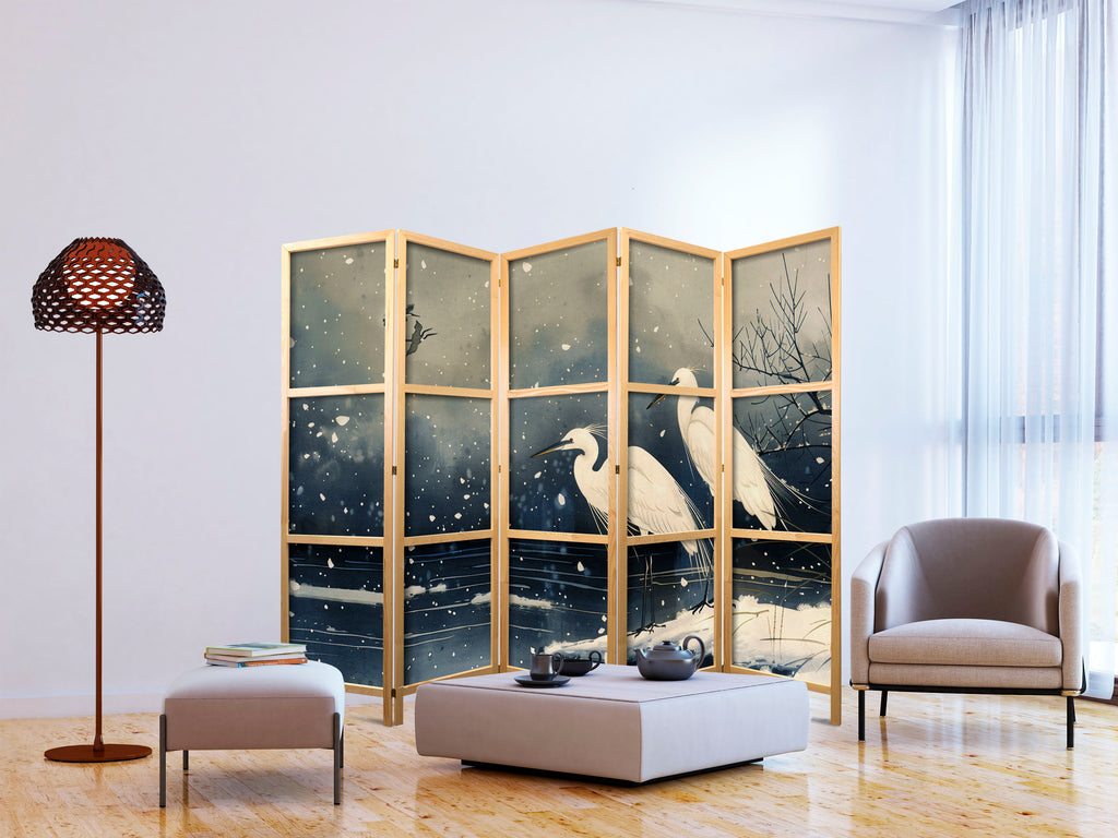 Herons Winter Pond 5-Panel Japanese Room Divider