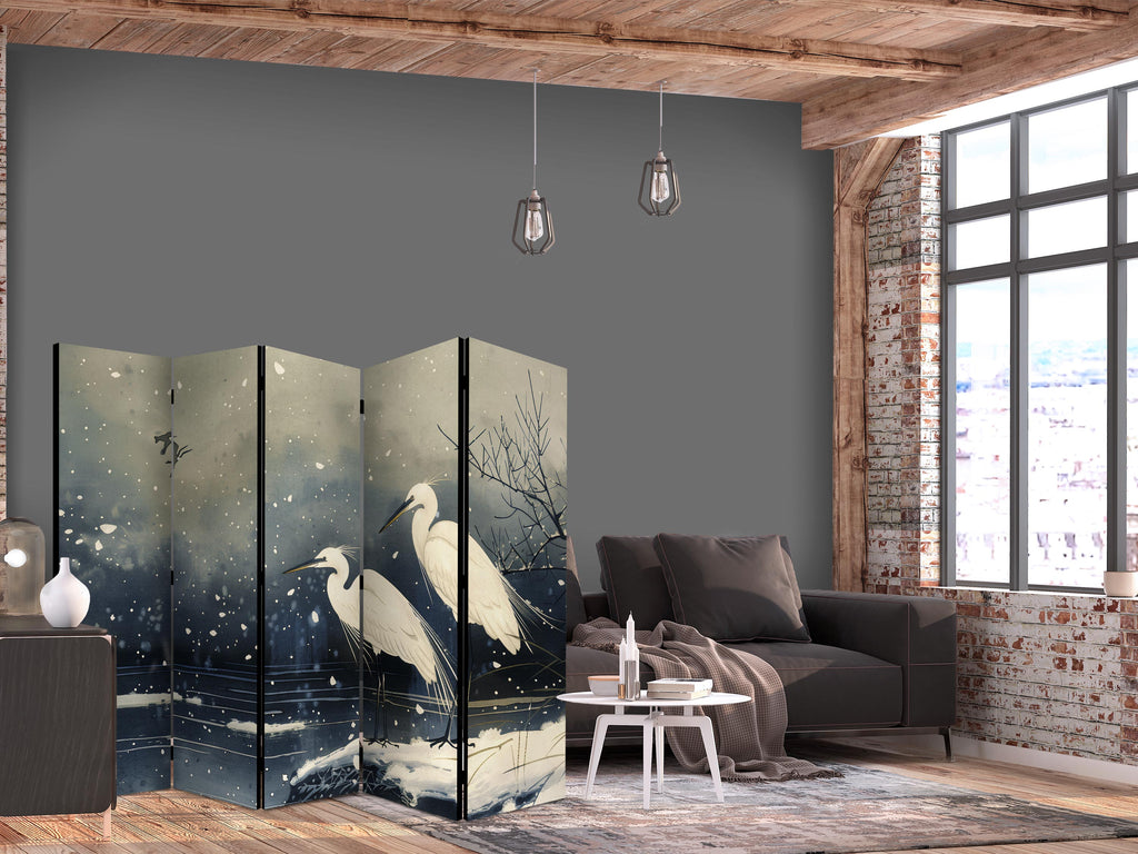 Herons Winter Pond Dark 5-Panel Japanese Room Divider