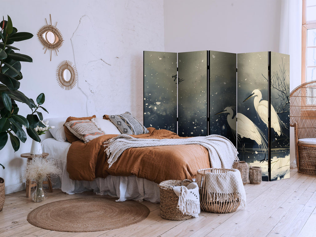 Herons Winter Pond Dark 5-Panel Japanese Room Divider