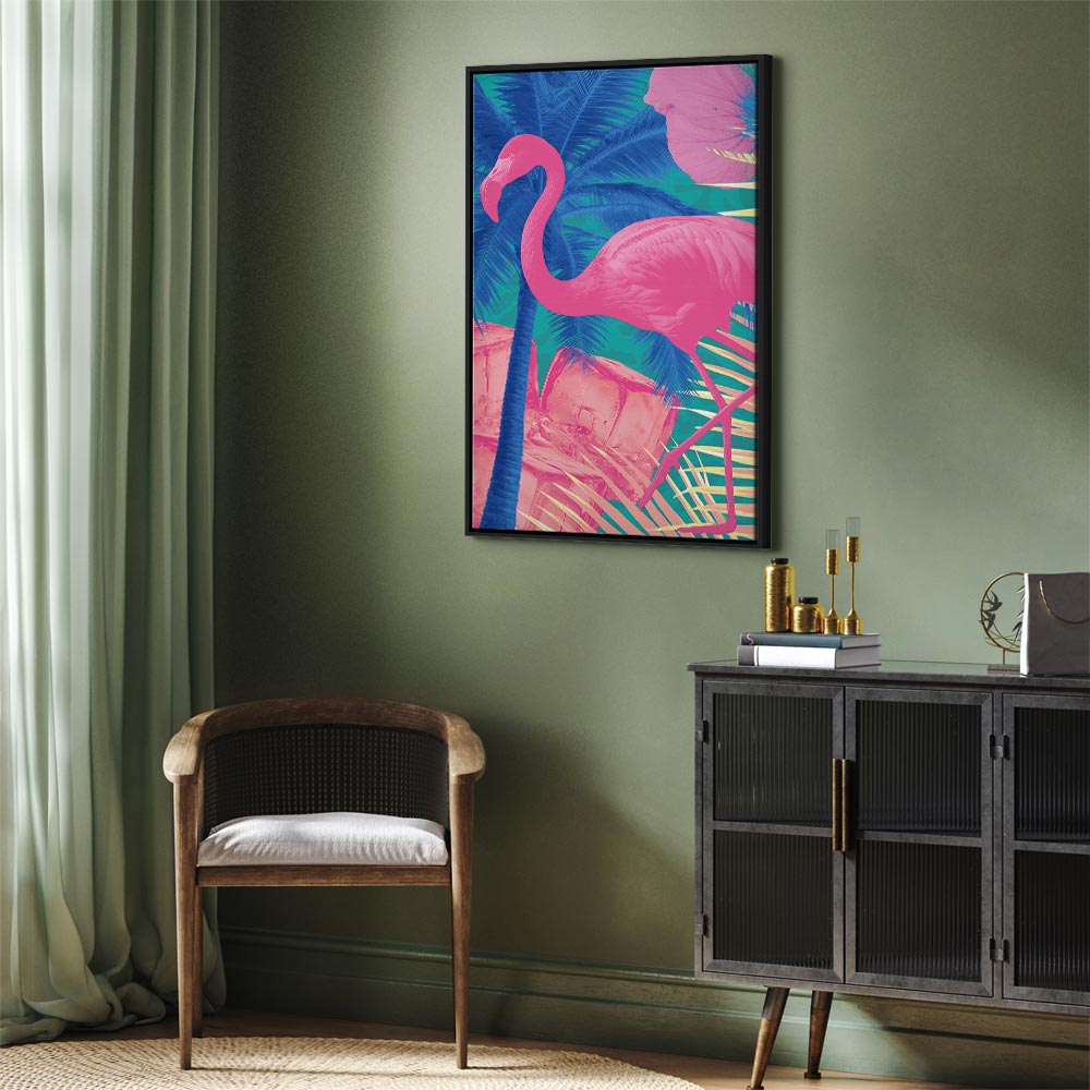 Canvas Print Pink Flamingo Abstract Flamingo Against Palms and Ice Cubes