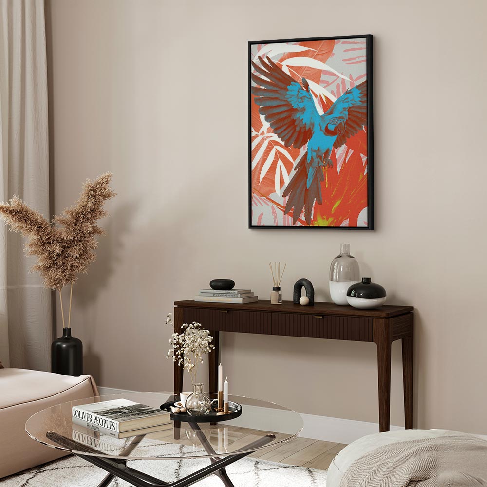 Canvas Print Exotic Wings – Parrot Among Abstract Leaves