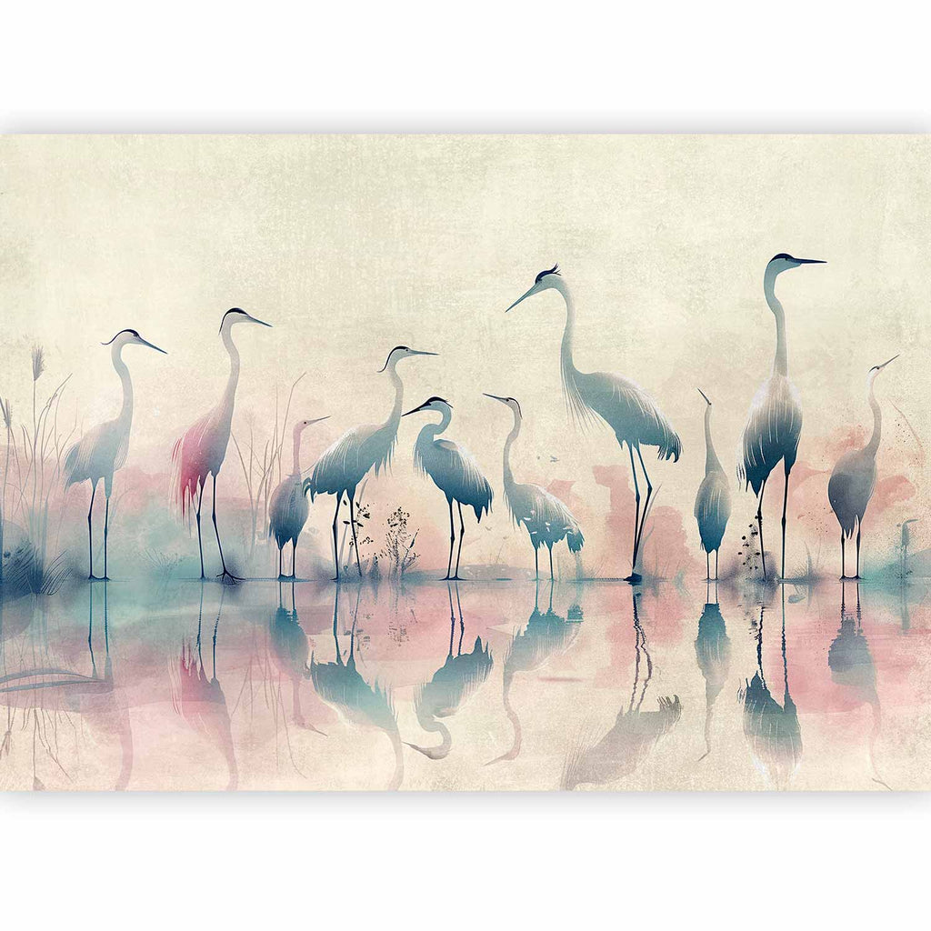 Watercolor Herons by the Lake Grey Pink Wall Mural