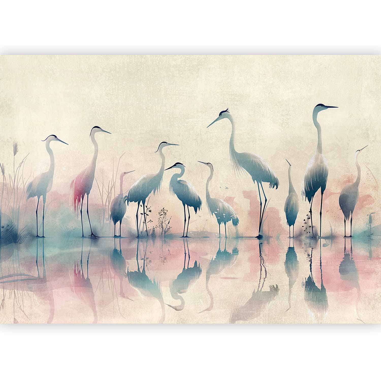 Watercolor Herons by the Lake Grey Pink Wall Mural