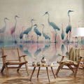 Watercolor Herons by the Lake Grey Pink Wall Mural