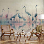 Watercolor Herons by the Lake Grey Pink Wall Mural