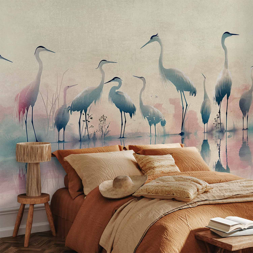 Watercolor Herons by the Lake Grey Pink Wall Mural