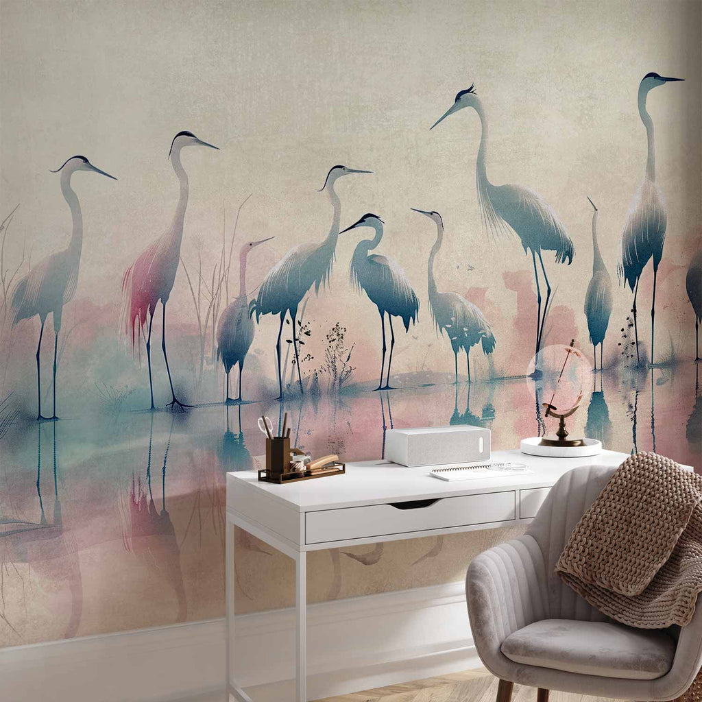 Watercolor Herons by the Lake Grey Pink Wall Mural