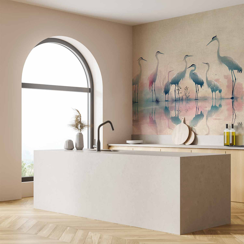 Watercolor Herons by the Lake Grey Pink Wall Mural