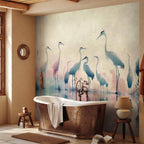 Watercolor Herons by the Lake Grey Pink Wall Mural