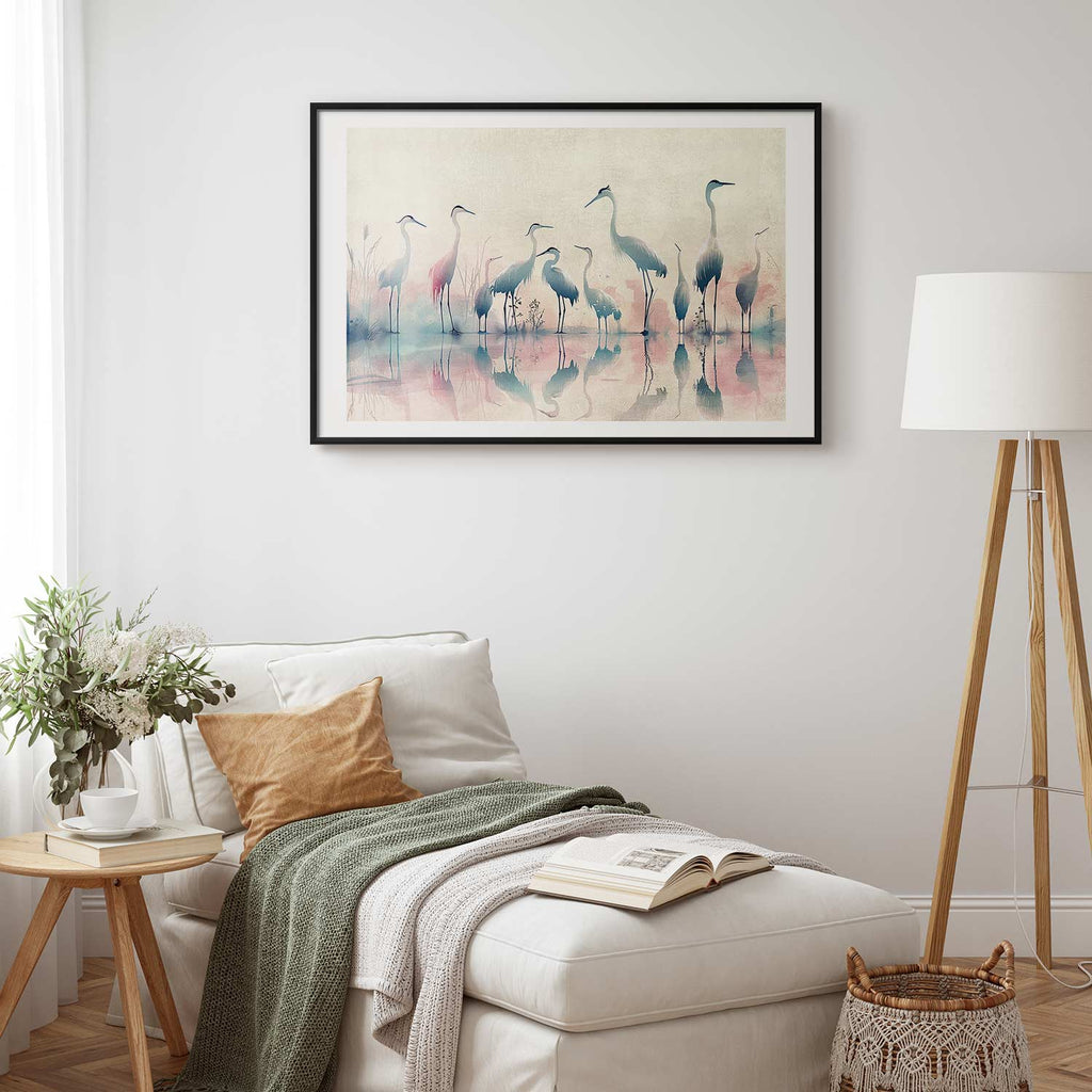 Watercolor Herons by the Lake Grey Pink Poster
