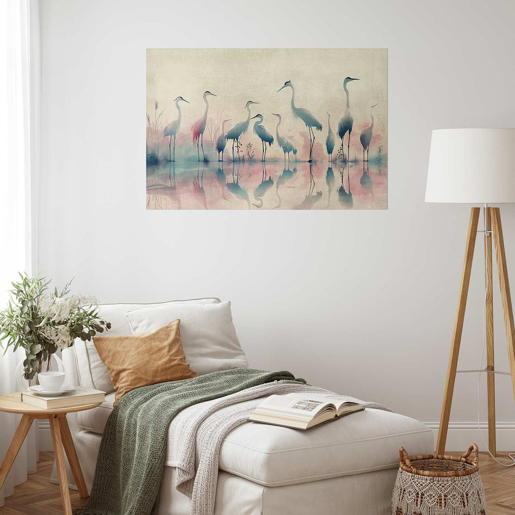 Watercolor Herons by the Lake Grey Pink Poster