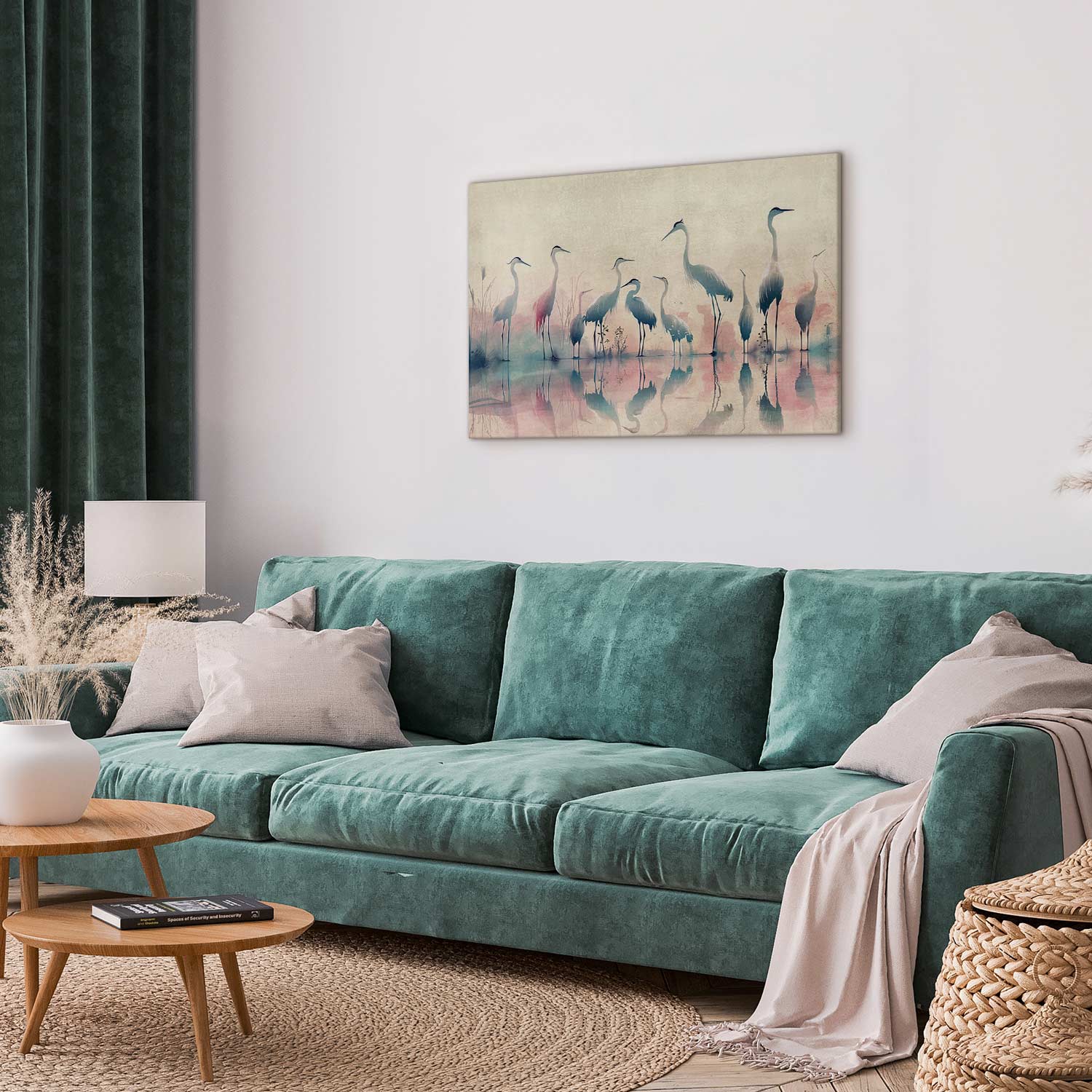 Watercolor Herons by the Lake Grey Pink Canvas Print