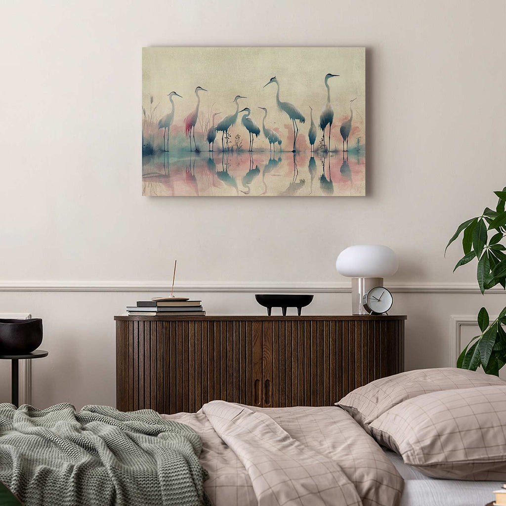 Watercolor Herons by the Lake Grey Pink Canvas Print