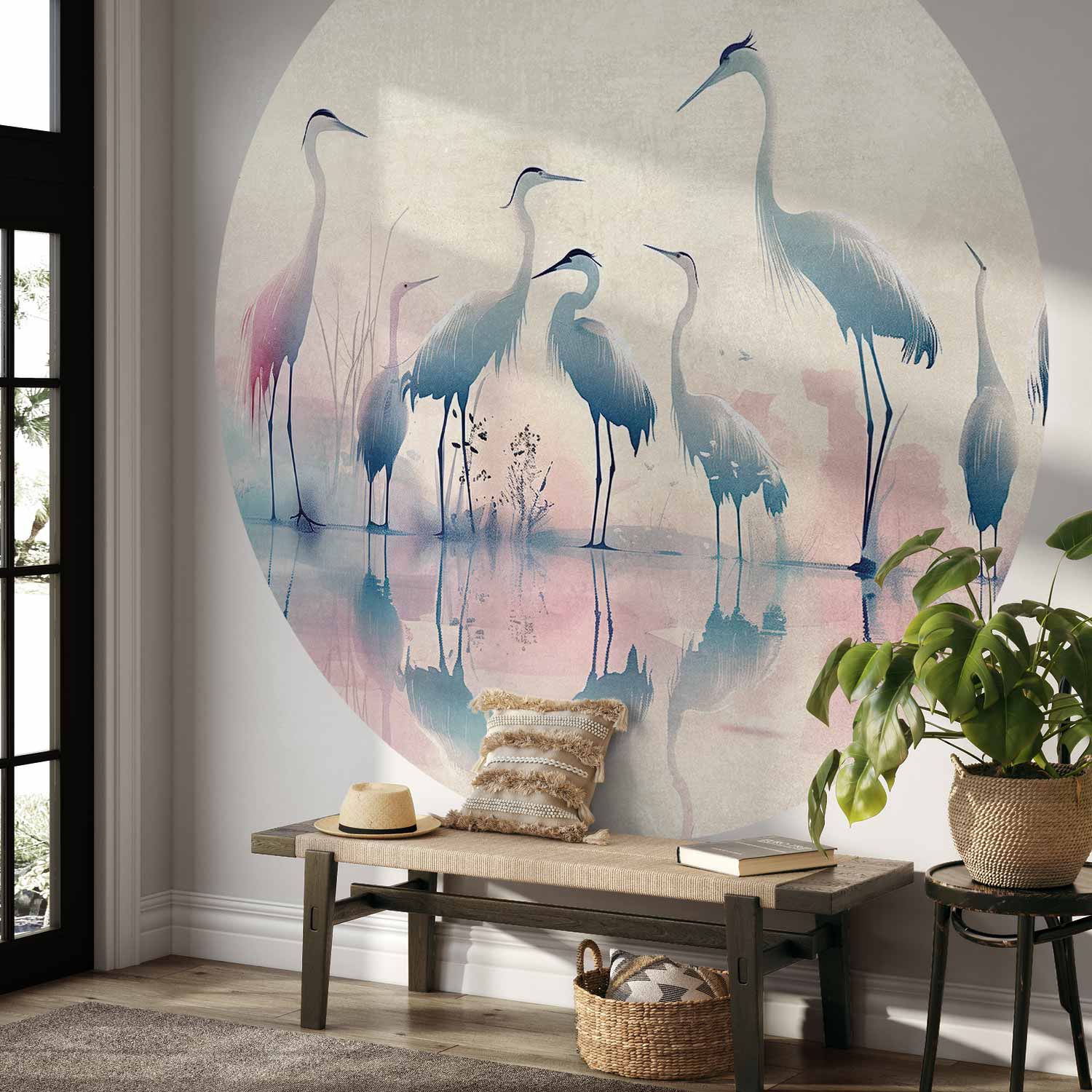 Watercolor Herons by the Lake Round Wall Mural