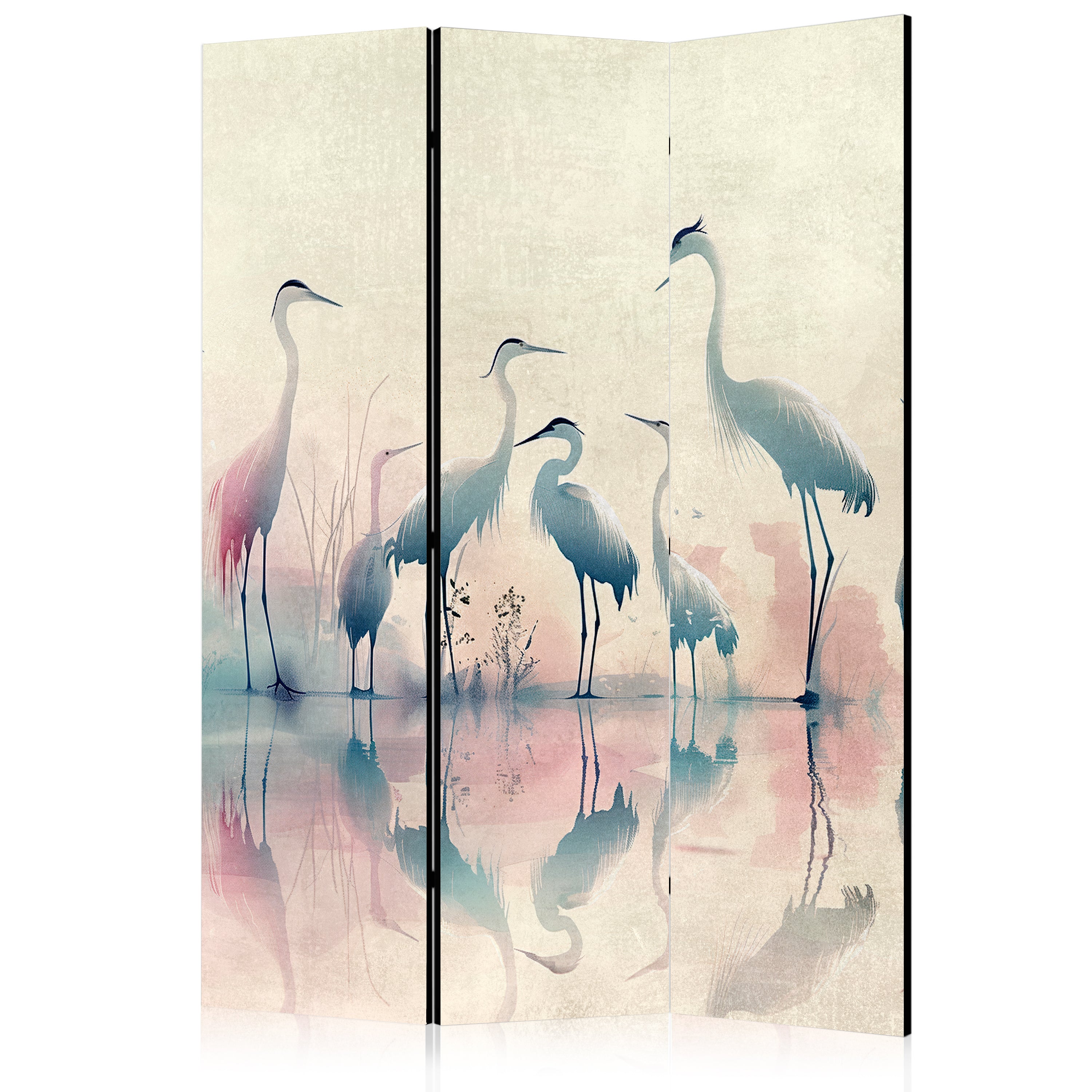 Herons Lake Watercolor Grey Pink 3-Panel Japanese Room Divider