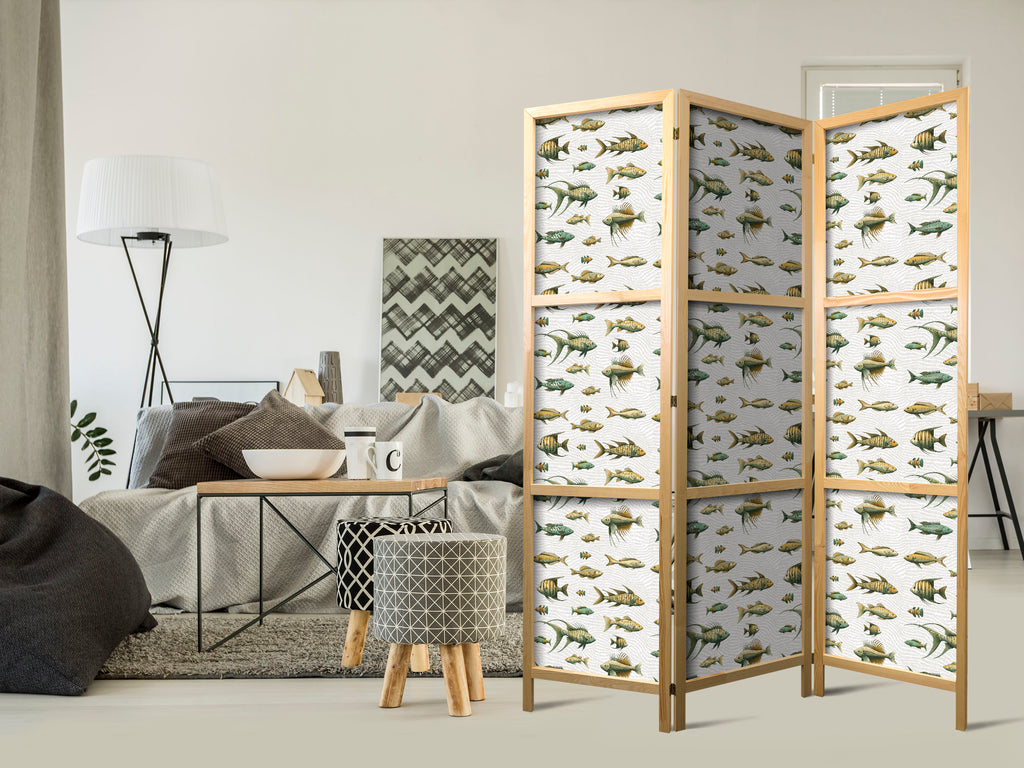 Room Divider - Fish Motif Japanese 3-Panel Screen