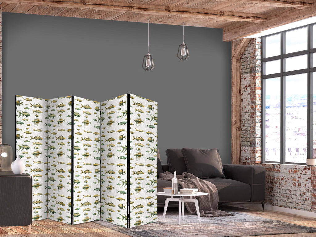 Room Divider with Unusual Fish Cluster in Muted Retro Colors