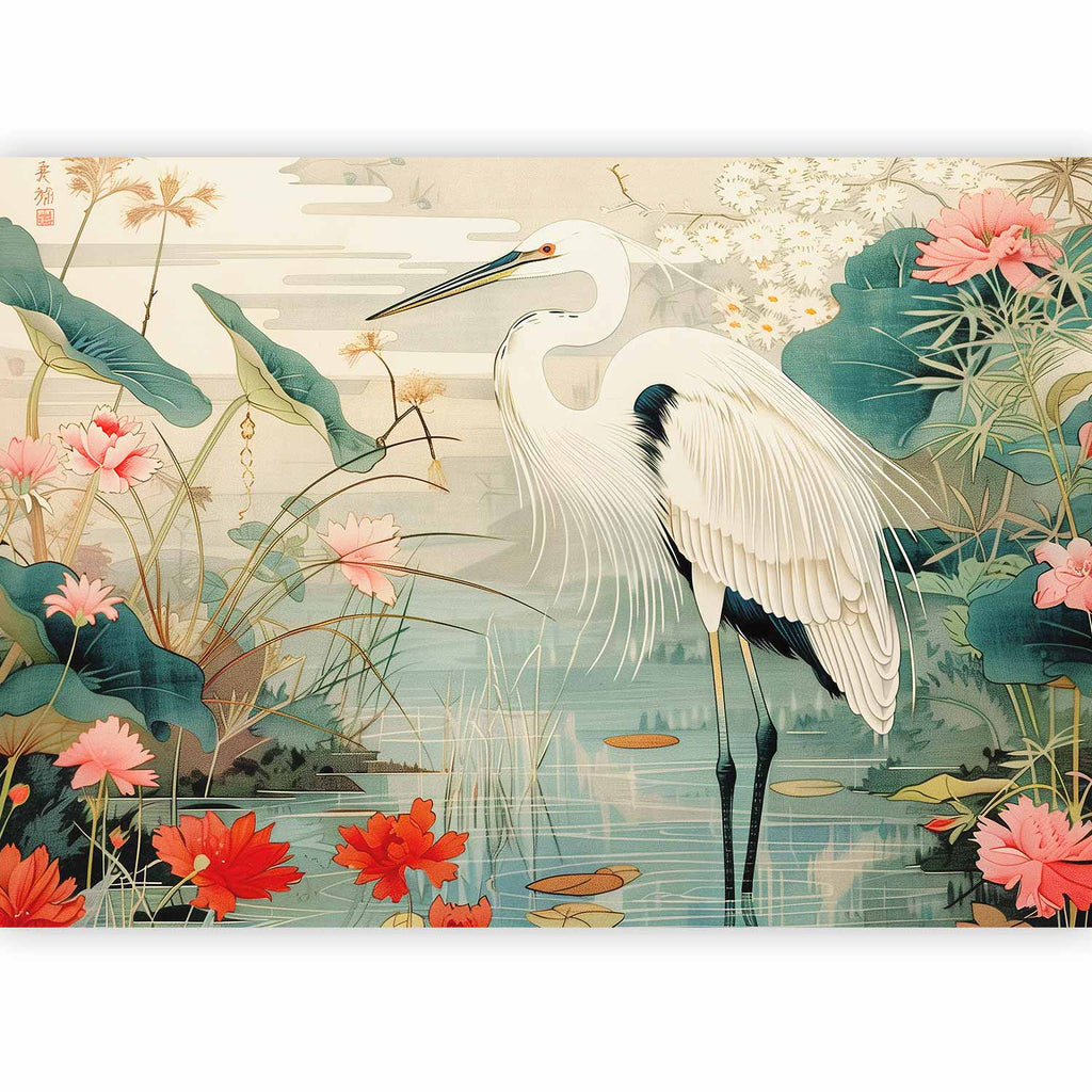 Japanese Heron Pond Engraving Wall Mural