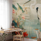 Japanese Heron Pond Engraving Wall Mural