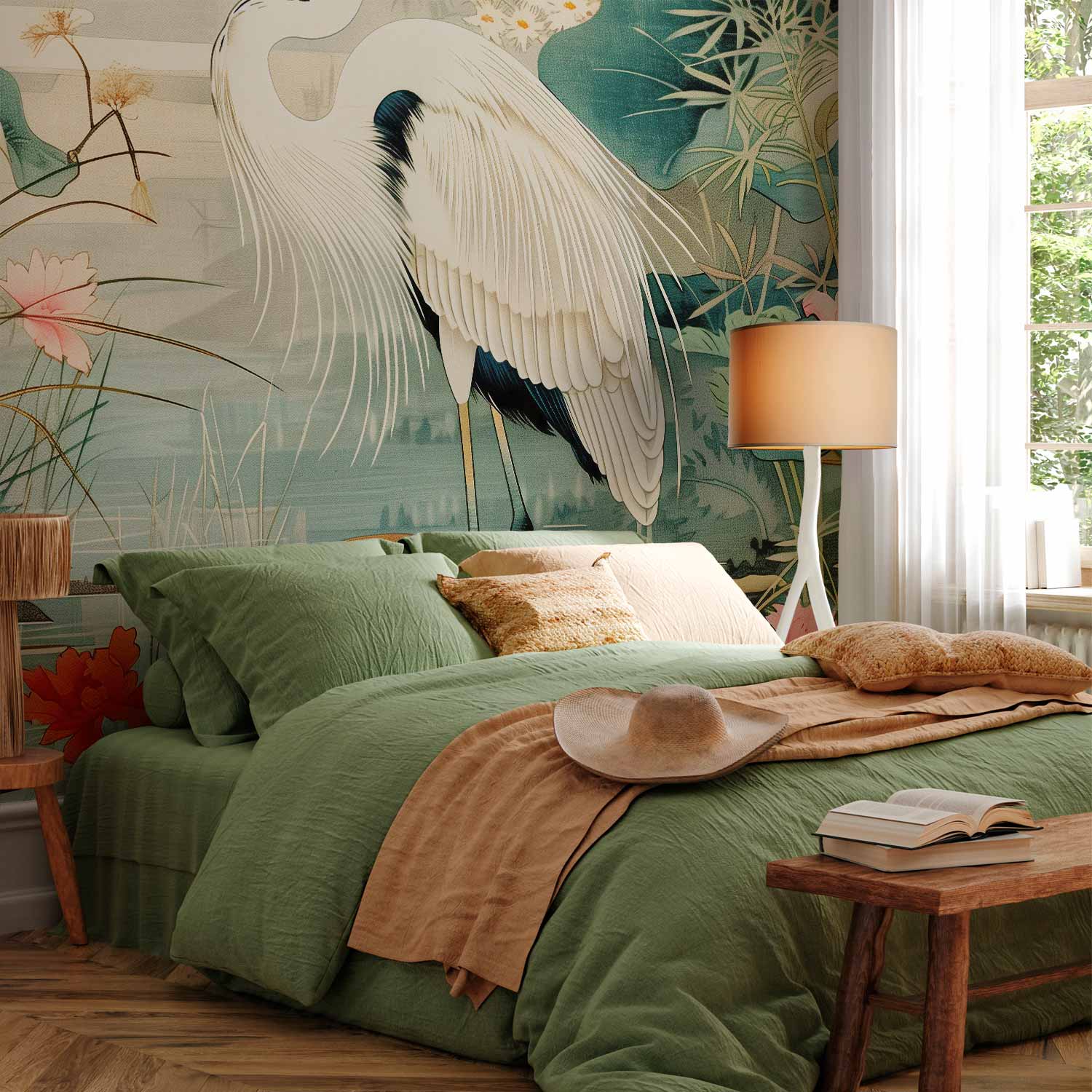 Japanese Heron Pond Engraving Wall Mural
