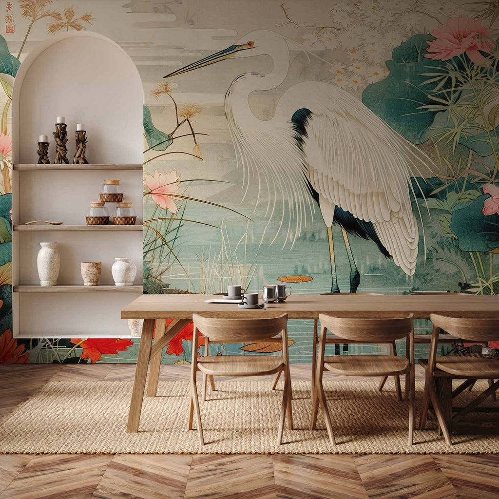 Japanese Heron Pond Engraving Wall Mural