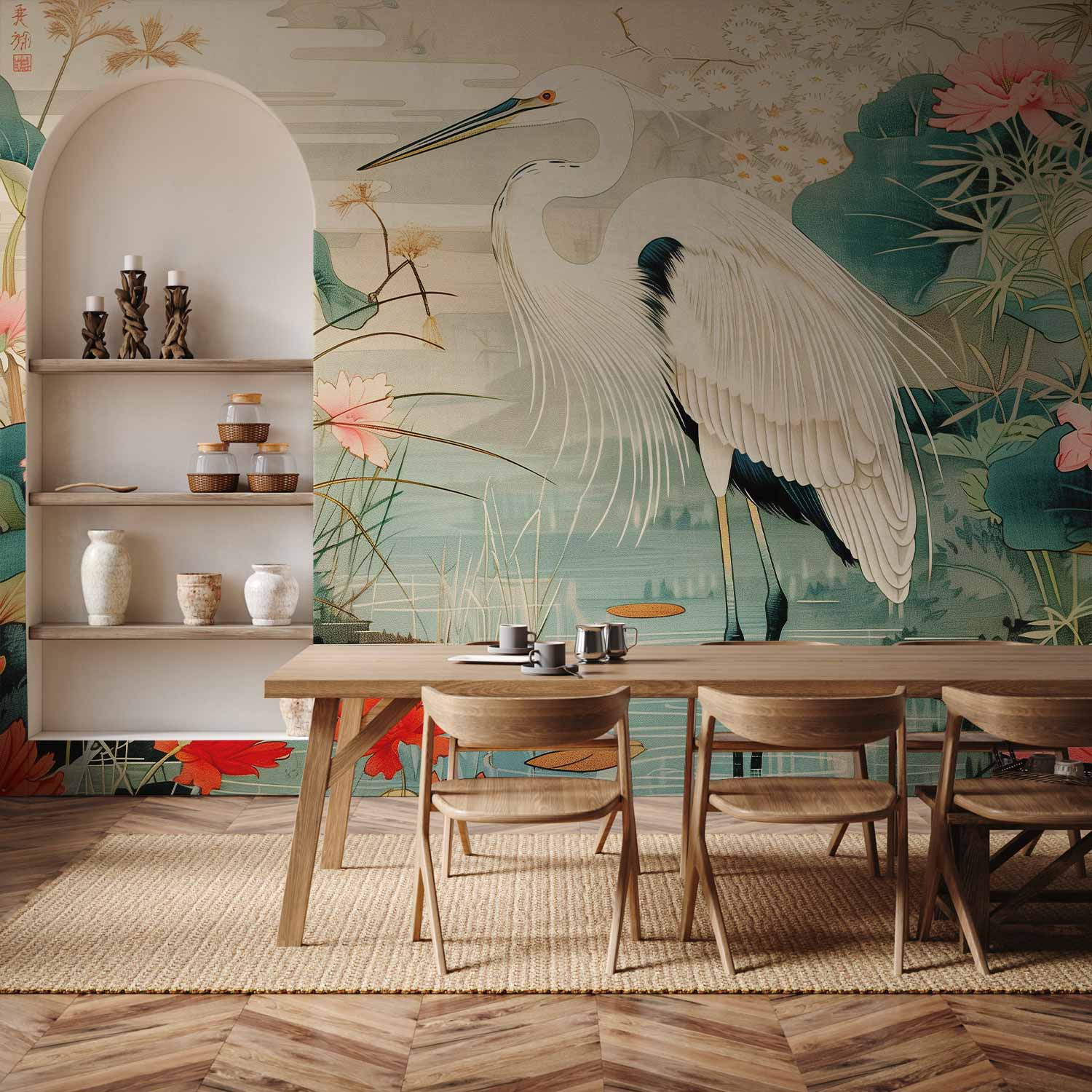 Japanese Heron Pond Engraving Wall Mural