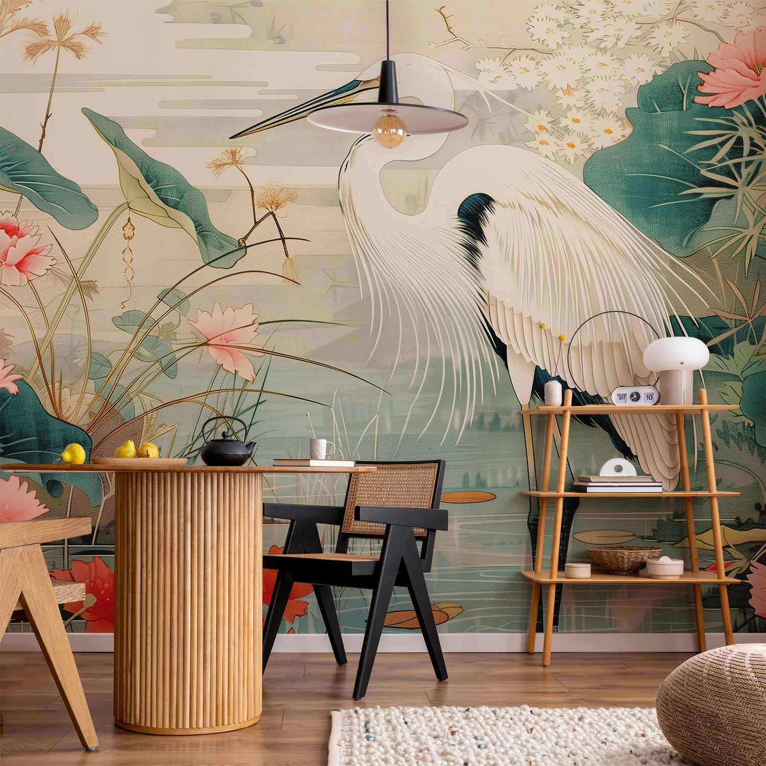 Japanese Heron Pond Engraving Wall Mural