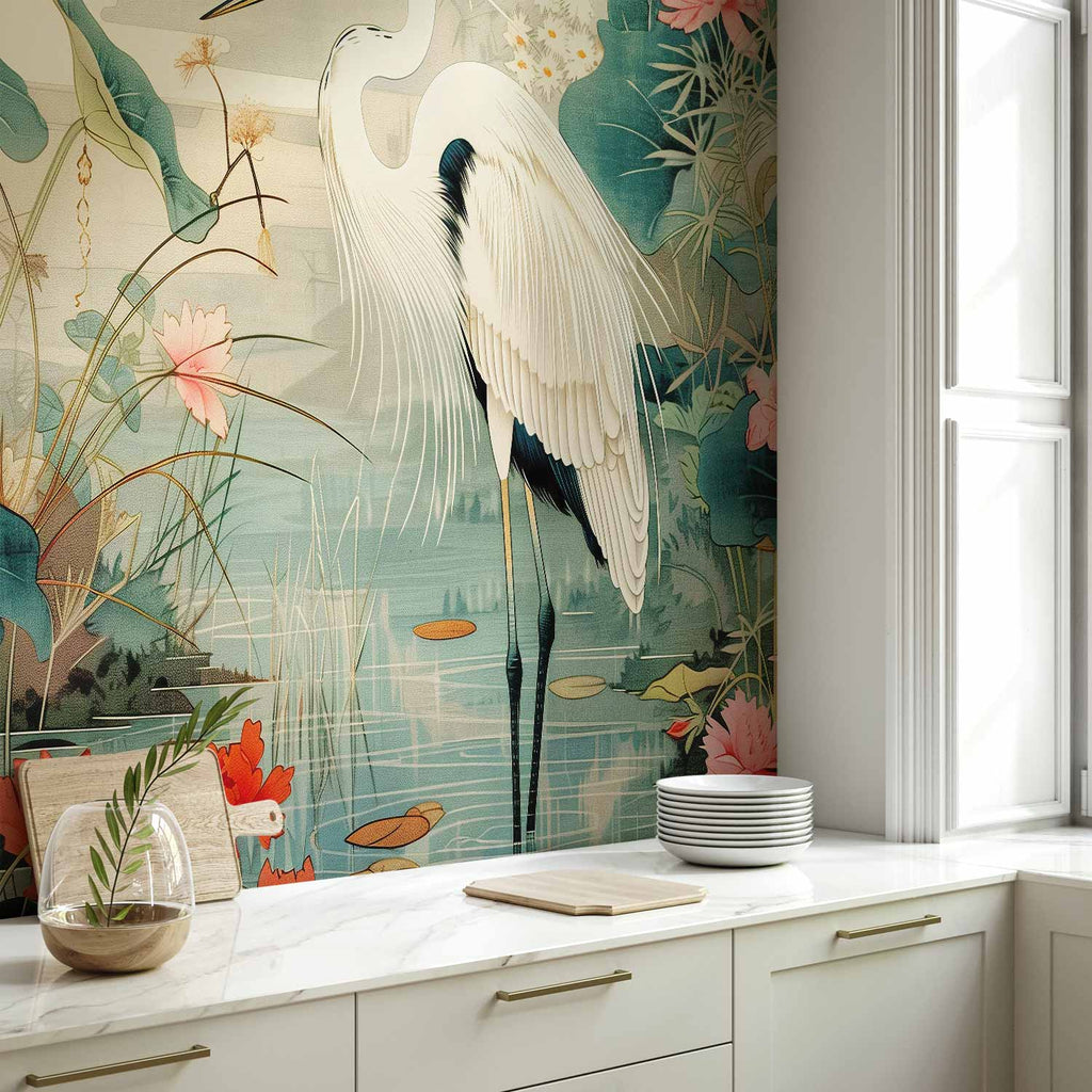 Japanese Heron Pond Engraving Wall Mural