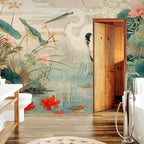 Japanese Heron Pond Engraving Wall Mural