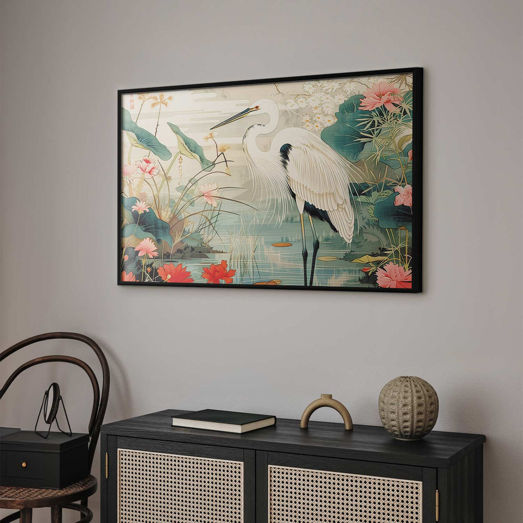 Japanese Heron Over Pond Poster