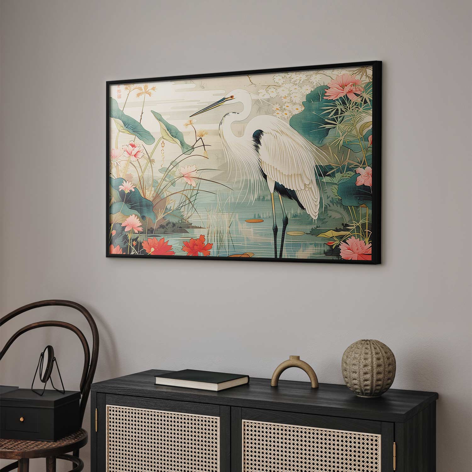 Japanese Heron Over Pond Poster
