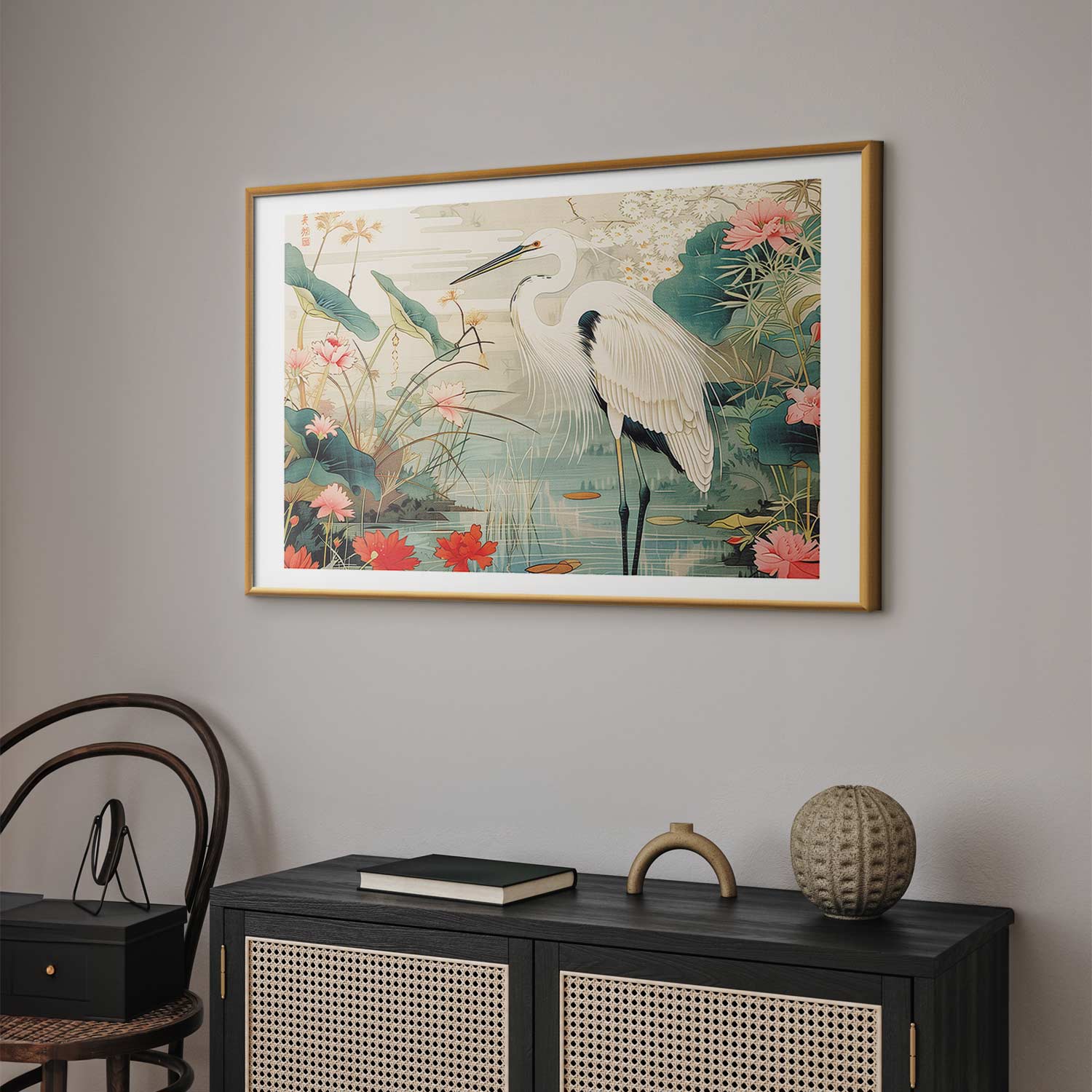 Japanese Heron Over Pond Poster