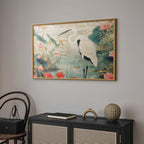 Japanese Heron Over Pond Poster