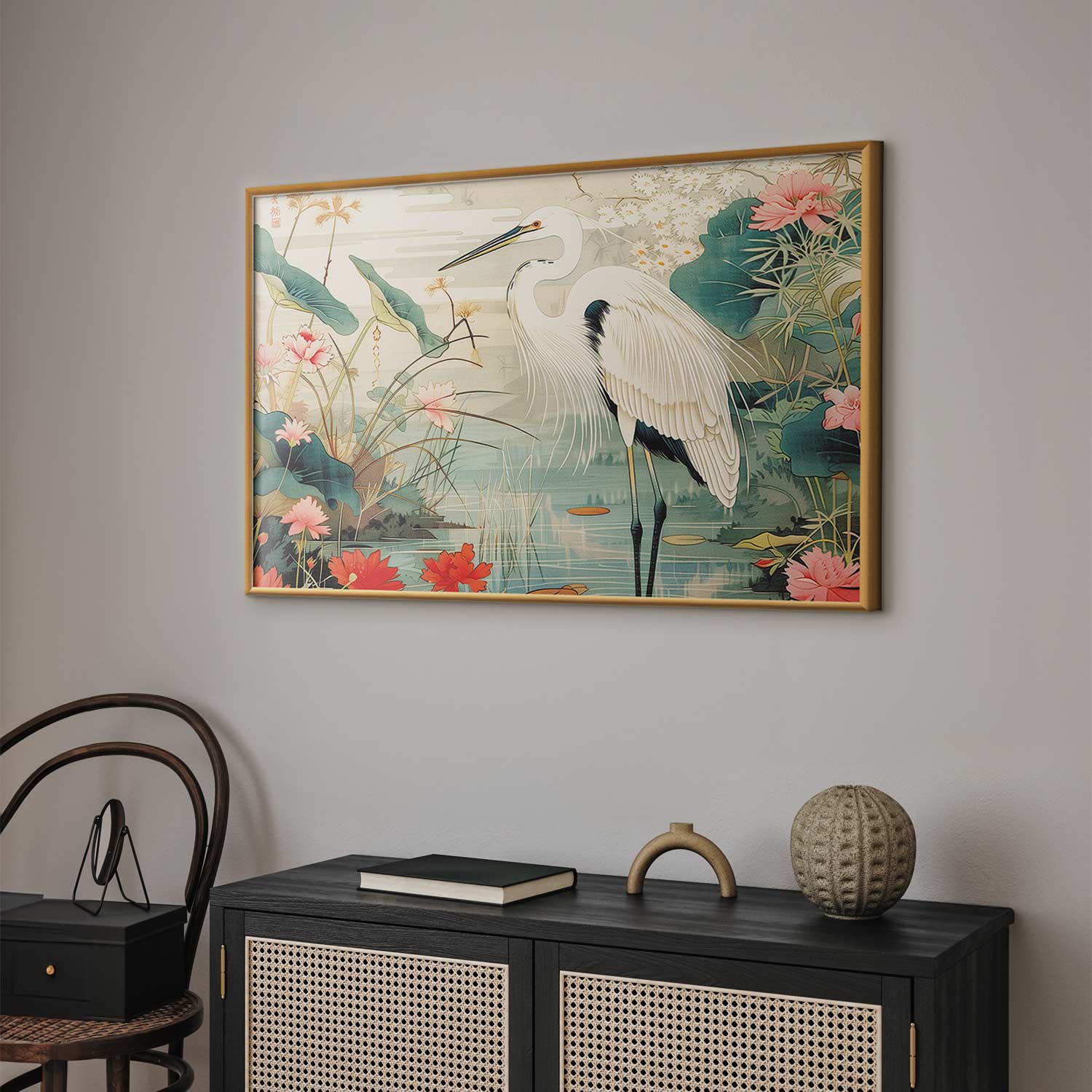 Japanese Heron Over Pond Poster