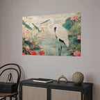 Japanese Heron Over Pond Poster