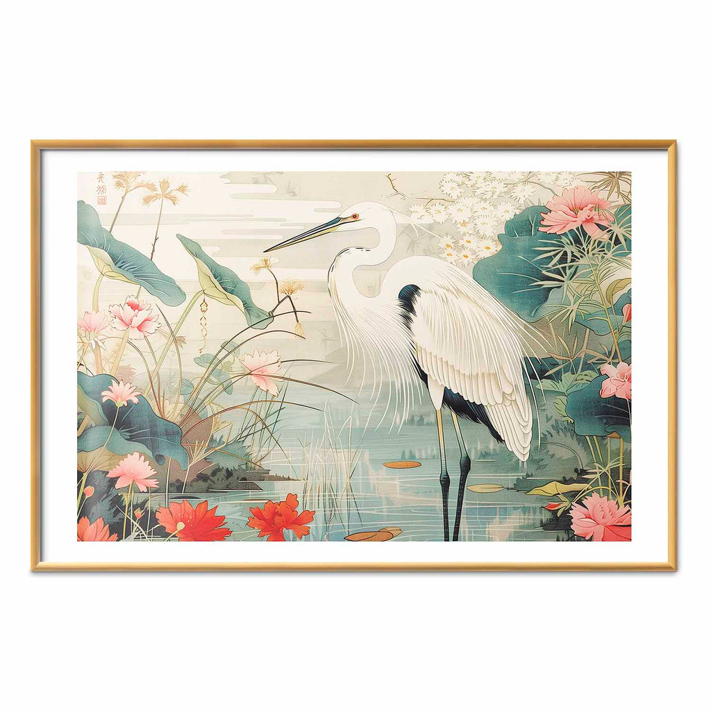 Japanese Heron Over Pond Poster