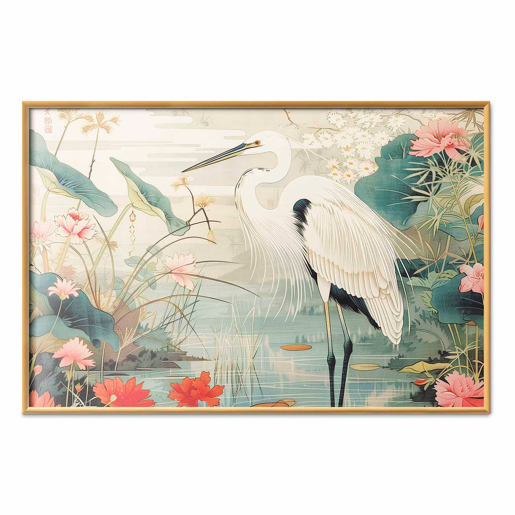 Japanese Heron Over Pond Poster