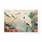 Japanese Heron Over Pond Poster