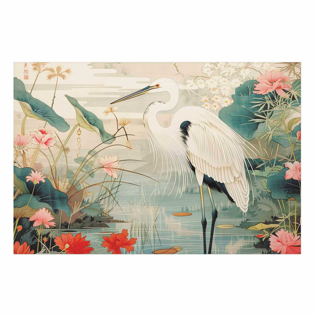 Japanese Heron Over Pond Poster