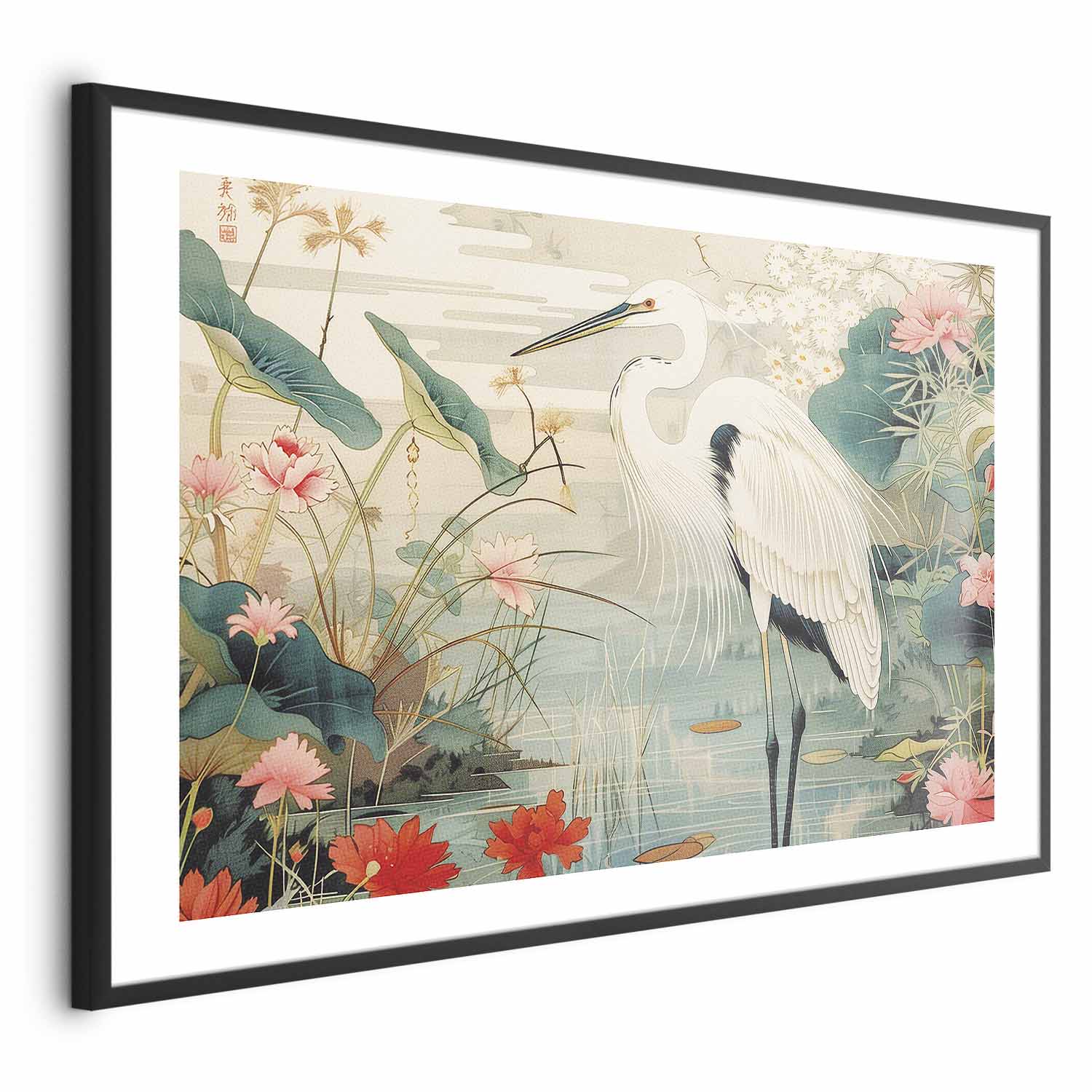Japanese Heron Over Pond Poster