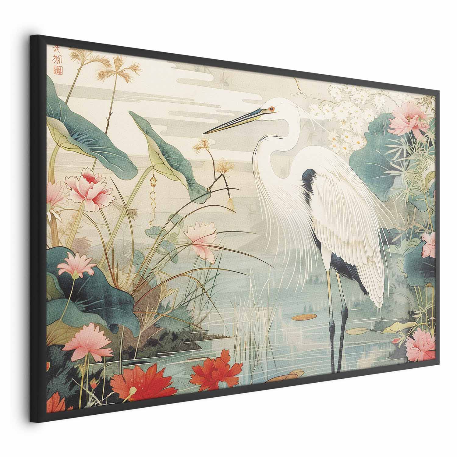 Japanese Heron Over Pond Poster