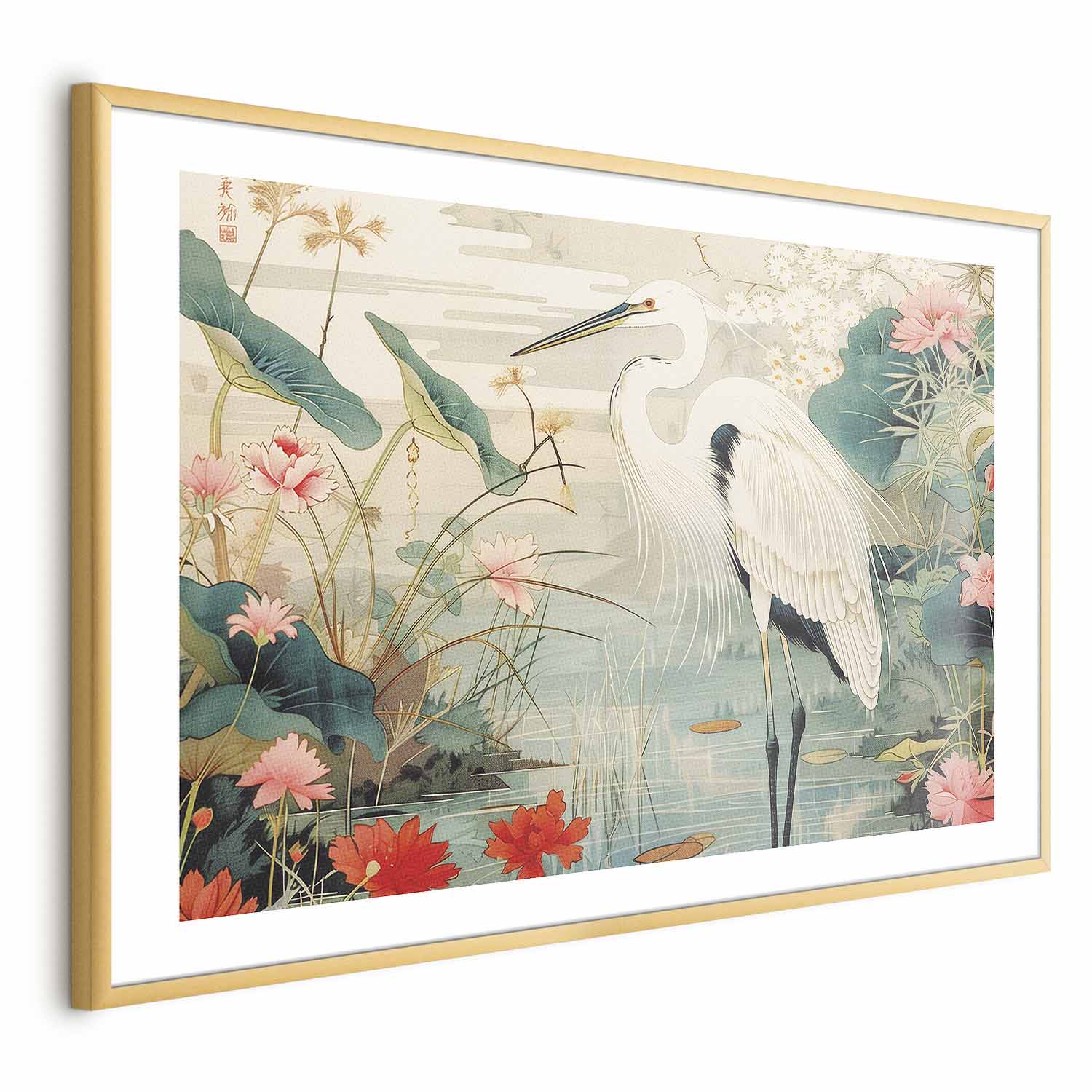 Japanese Heron Over Pond Poster