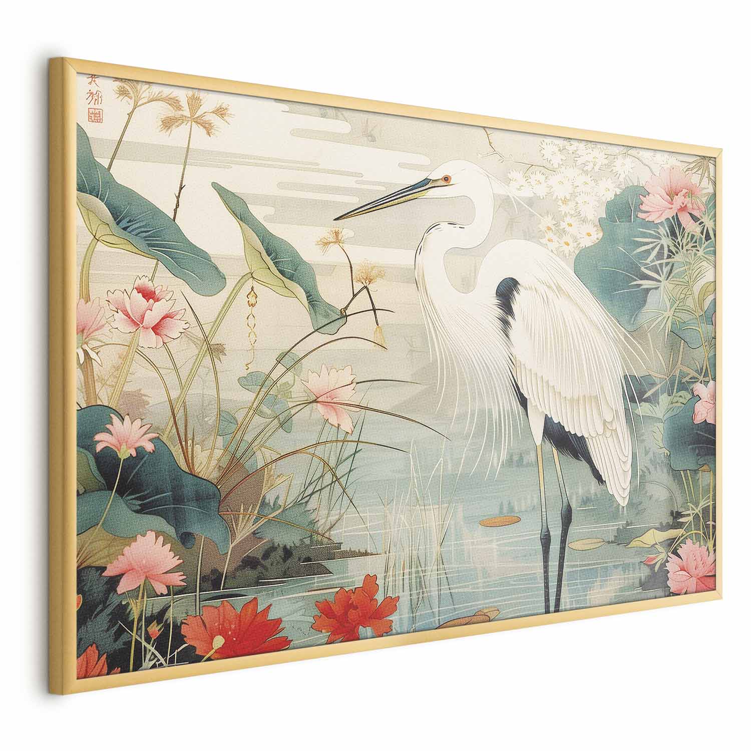 Japanese Heron Over Pond Poster