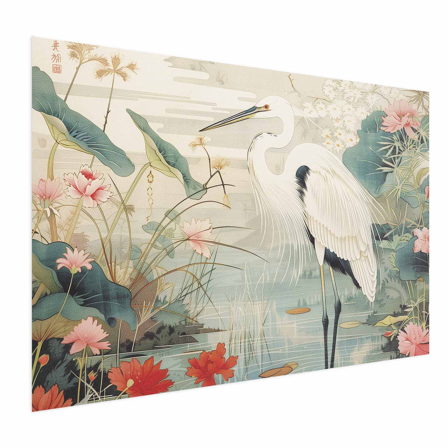 Japanese Heron Over Pond Poster