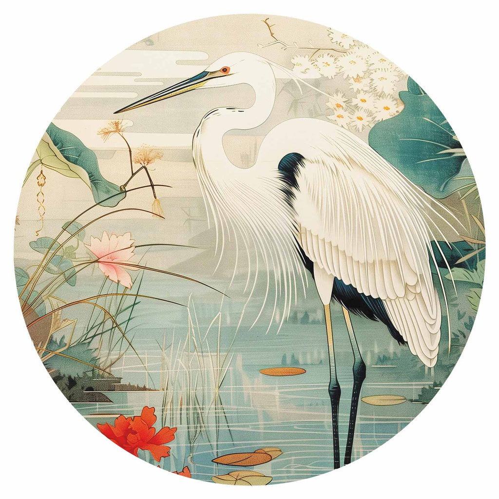 Japanese Heron Pond Illustration Round Wall Mural
