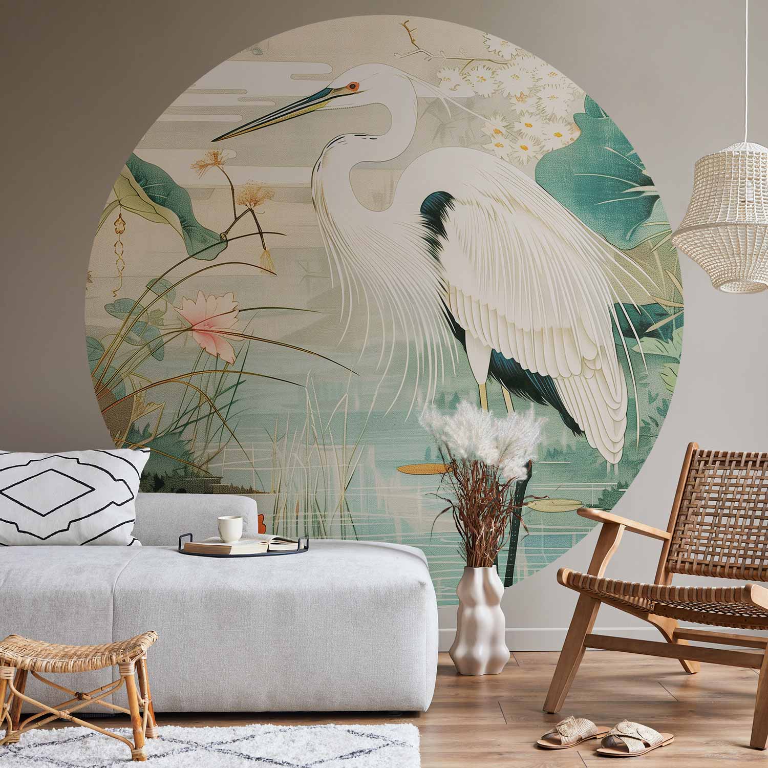Japanese Heron Pond Illustration Round Wall Mural