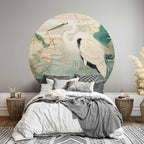 Japanese Heron Pond Illustration Round Wall Mural