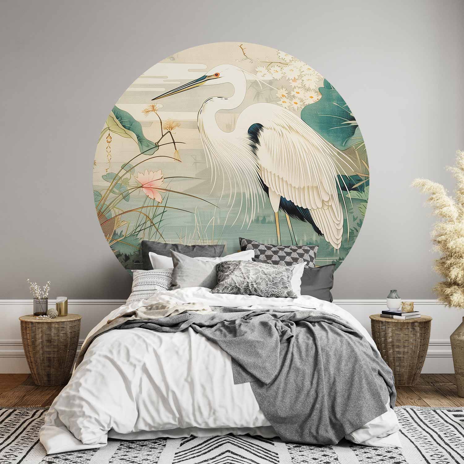 Japanese Heron Pond Illustration Round Wall Mural